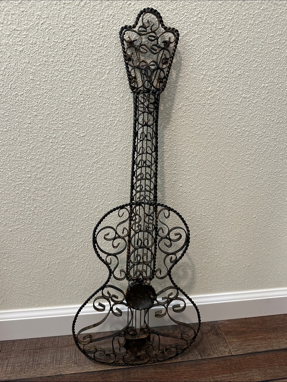 Ornate Metal Guitar Wall Sculpture in Black with distressed Bronze accents - Picture 7 of 8